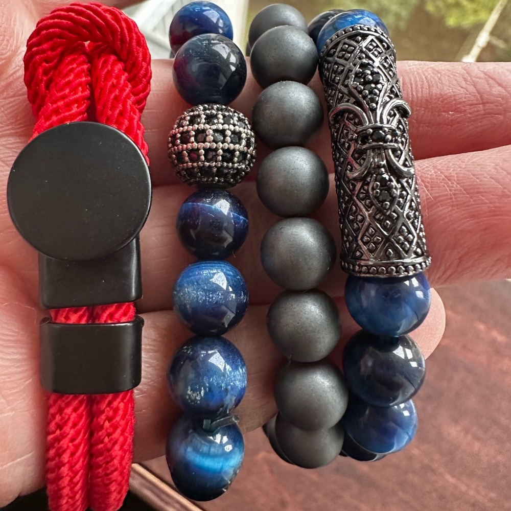 Man Red String and Tiger Eye Blue Beaded Bracelet Set With Grey beaded bracelet